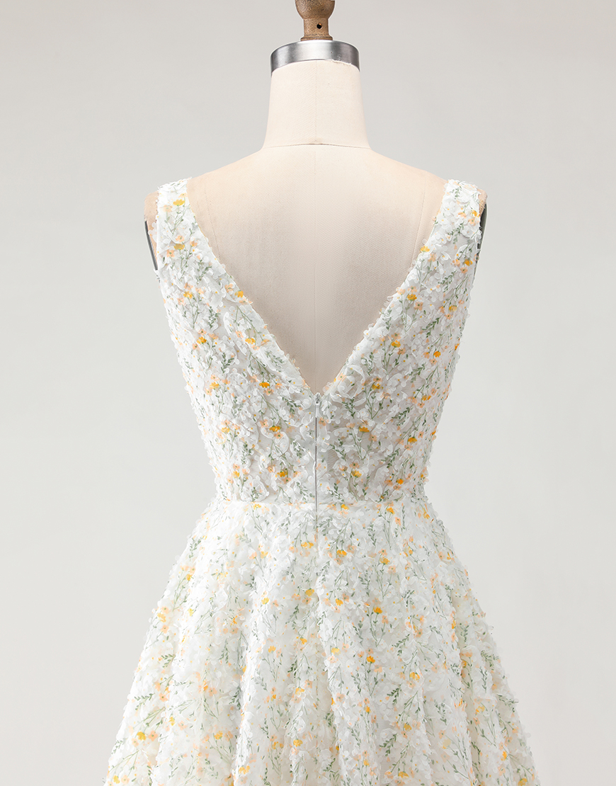 White and Yellow Floral Long A-Line Prom Dress