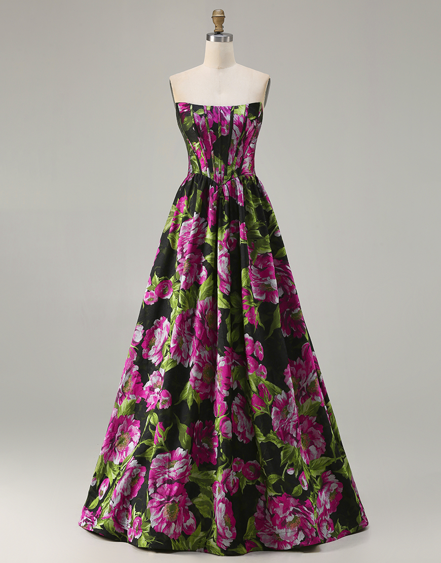 Floral Black Corset Strapless A-Line Long Prom Dress