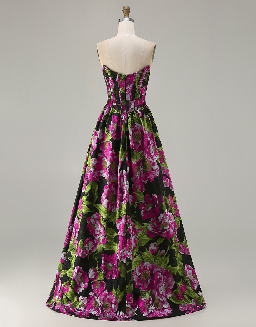 Floral Black Corset Strapless A-Line Long Prom Dress