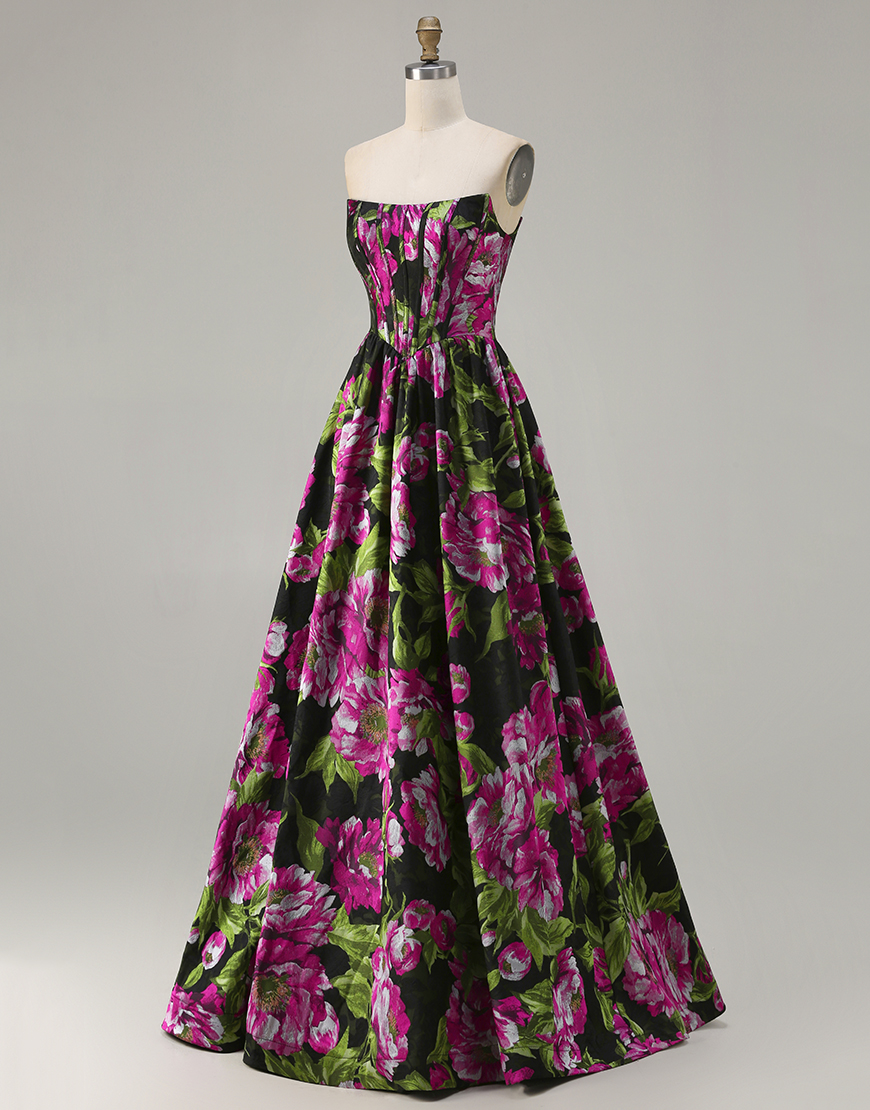 Floral Black Corset Strapless A-Line Long Prom Dress