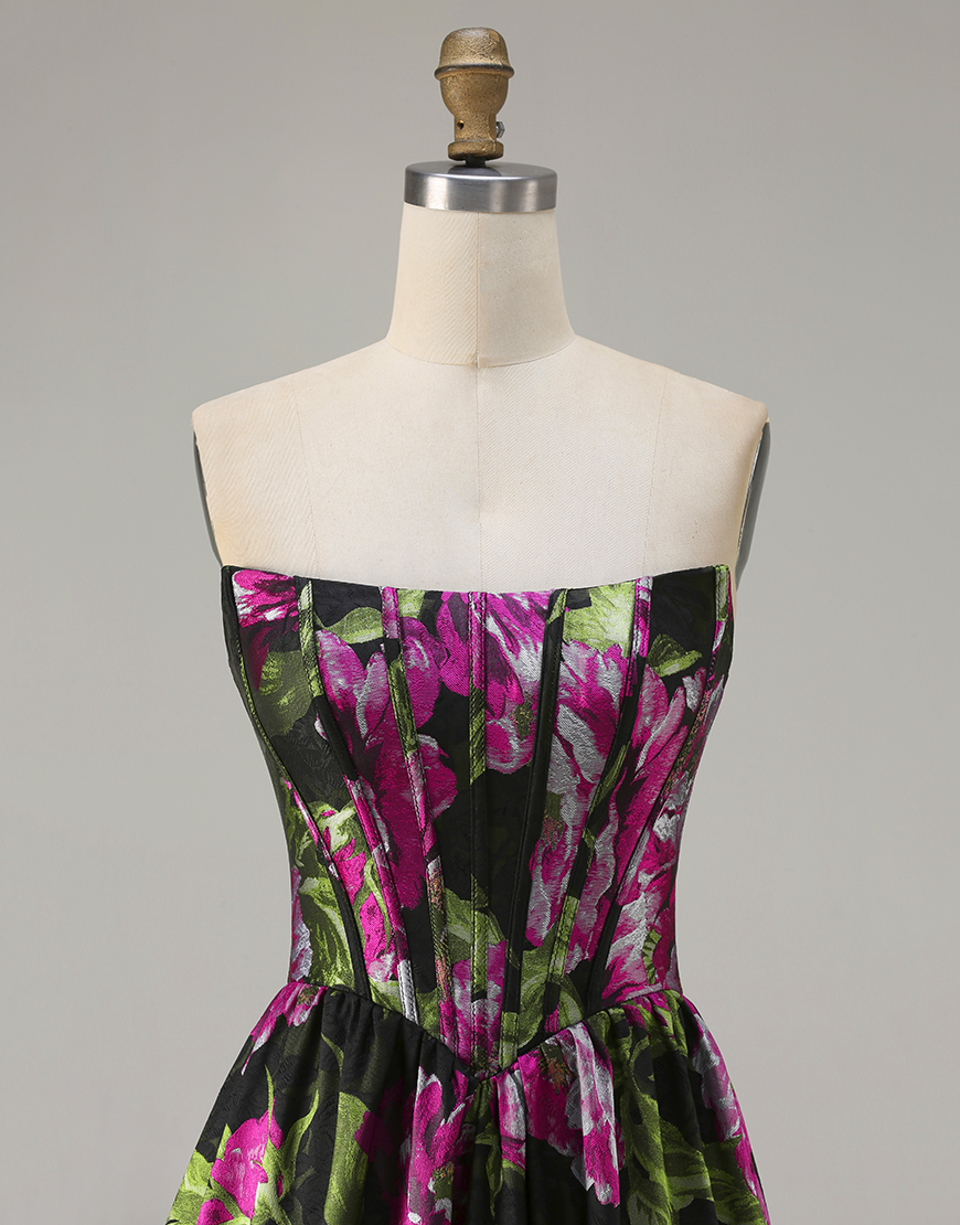 Floral Black Corset Strapless A-Line Long Prom Dress
