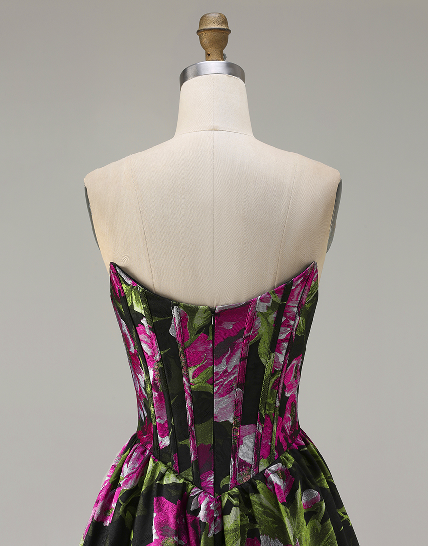 Floral Black Corset Strapless A-Line Long Prom Dress