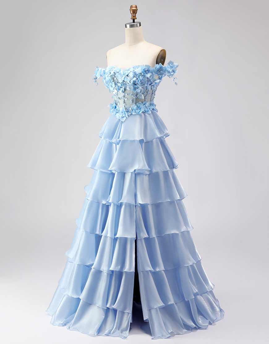 Floral Light Blue Tiered Corset Long A-Line Prom Dress with Ruffles