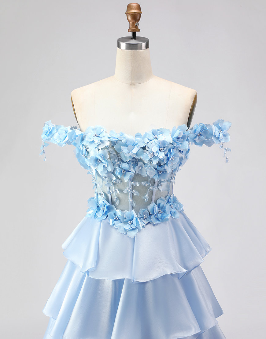 Floral Light Blue Tiered Corset Long A-Line Prom Dress with Ruffles