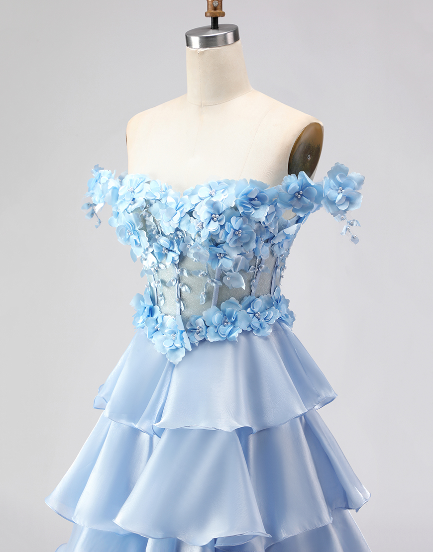 Floral Light Blue Tiered Corset Long A-Line Prom Dress with Ruffles