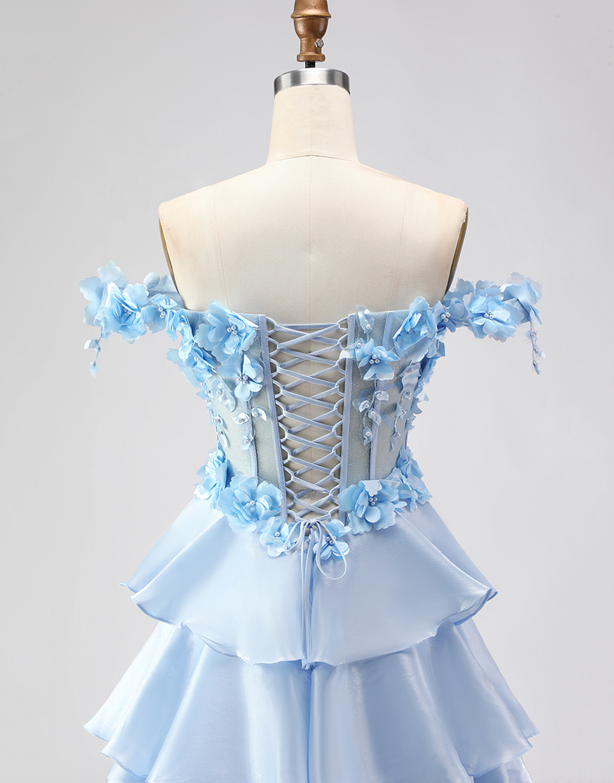Floral Light Blue Tiered Corset Long A-Line Prom Dress with Ruffles