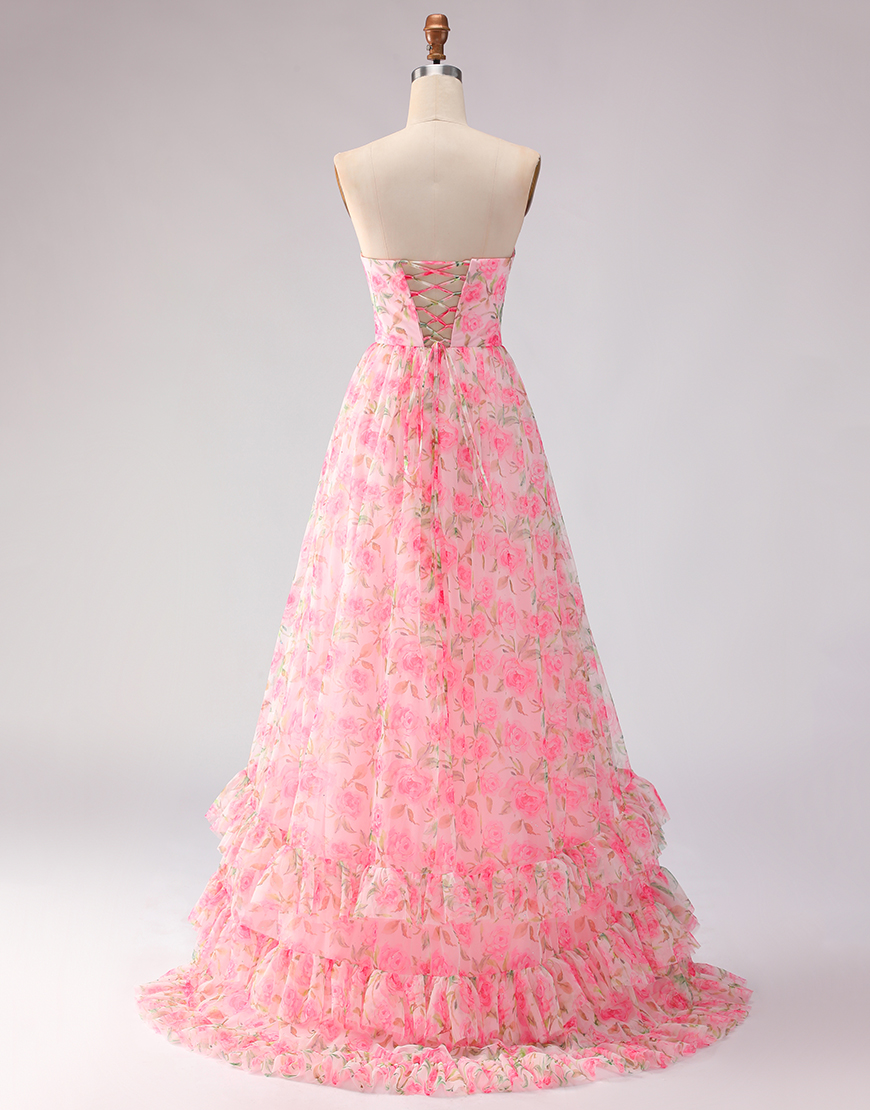 Pink A Line Floral Strapless Ruffled Long Prom Dress with Bows