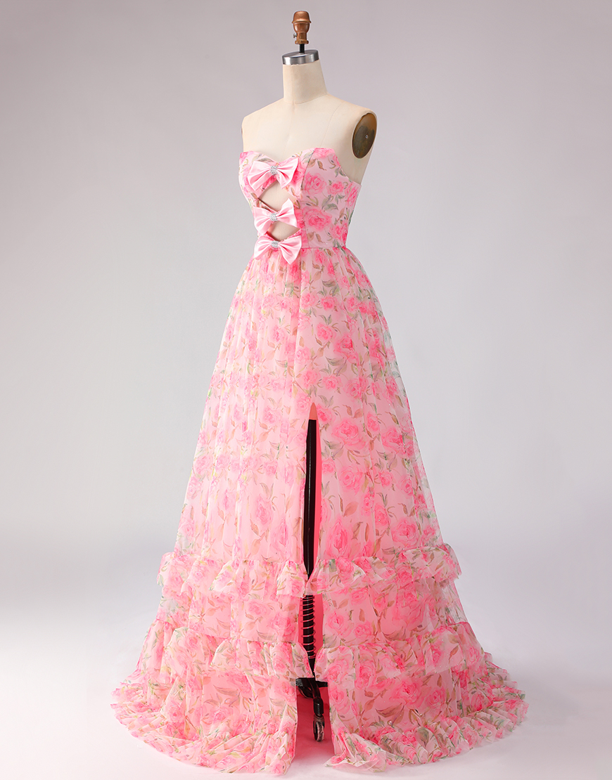 Pink A Line Floral Strapless Ruffled Long Prom Dress with Bows