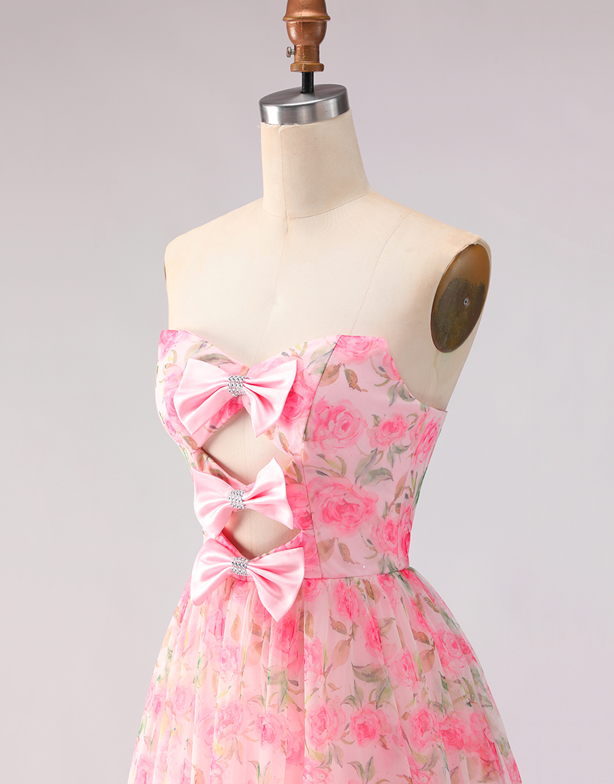 Pink A Line Floral Strapless Ruffled Long Prom Dress with Bows