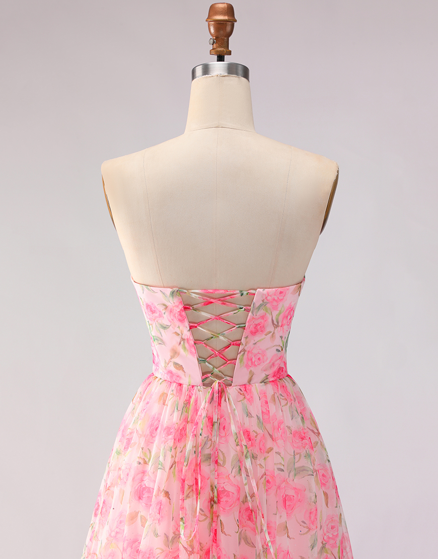 Pink A Line Floral Strapless Ruffled Long Prom Dress with Bows