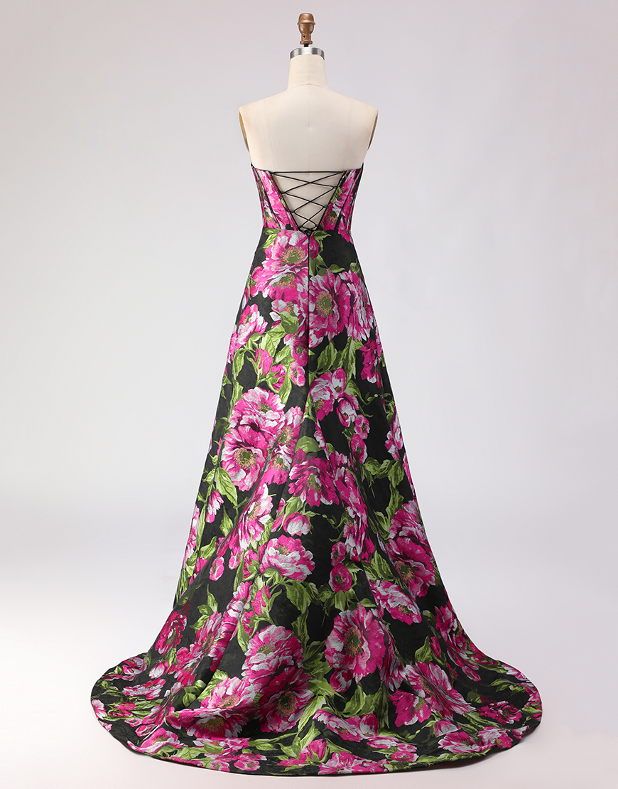 Floral Black Jacquard Corset Sweetheart A-Line Long Prom Dress with Slit