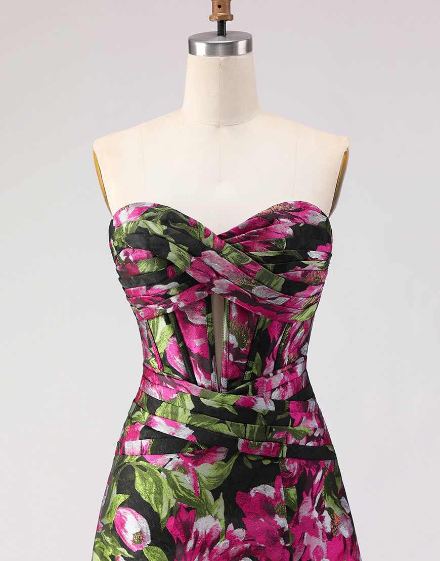 Floral Black Jacquard Corset Sweetheart A-Line Long Prom Dress with Slit