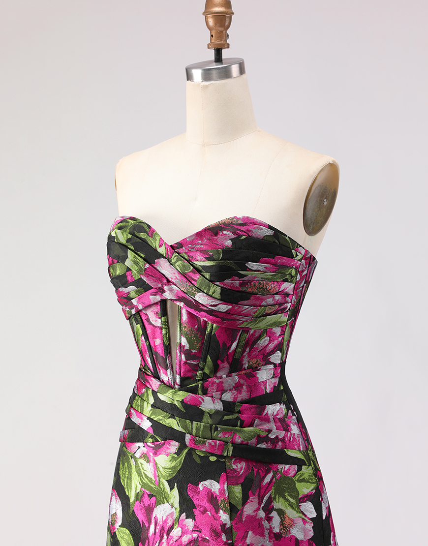 Floral Black Jacquard Corset Sweetheart A-Line Long Prom Dress with Slit