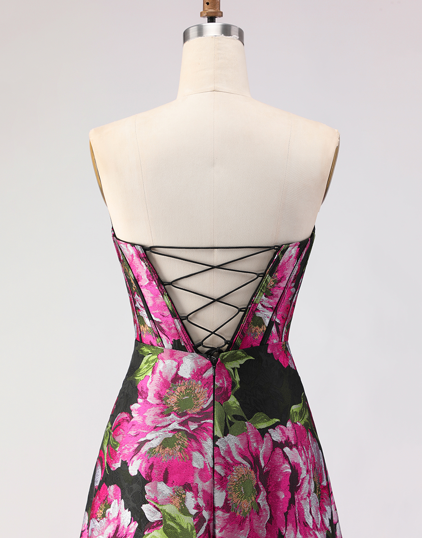 Floral Black Jacquard Corset Sweetheart A-Line Long Prom Dress with Slit