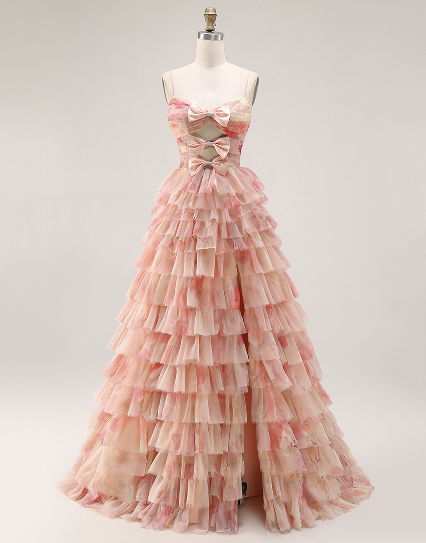 Sunset Tiered Ruffled Keyhole A Line Long Prom Dress with Slit