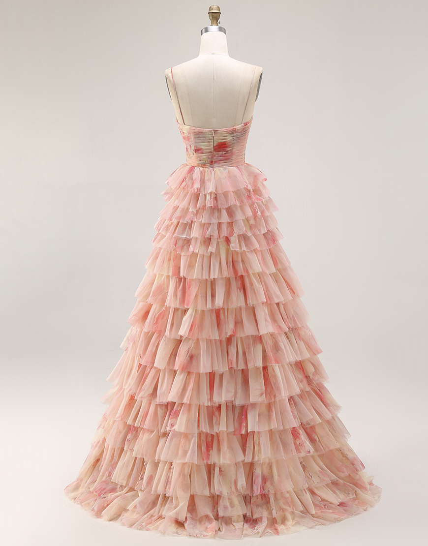 Sunset Tiered Ruffled Keyhole A Line Long Prom Dress with Slit