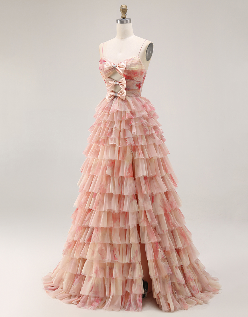 Sunset Tiered Ruffled Keyhole A Line Long Prom Dress with Slit