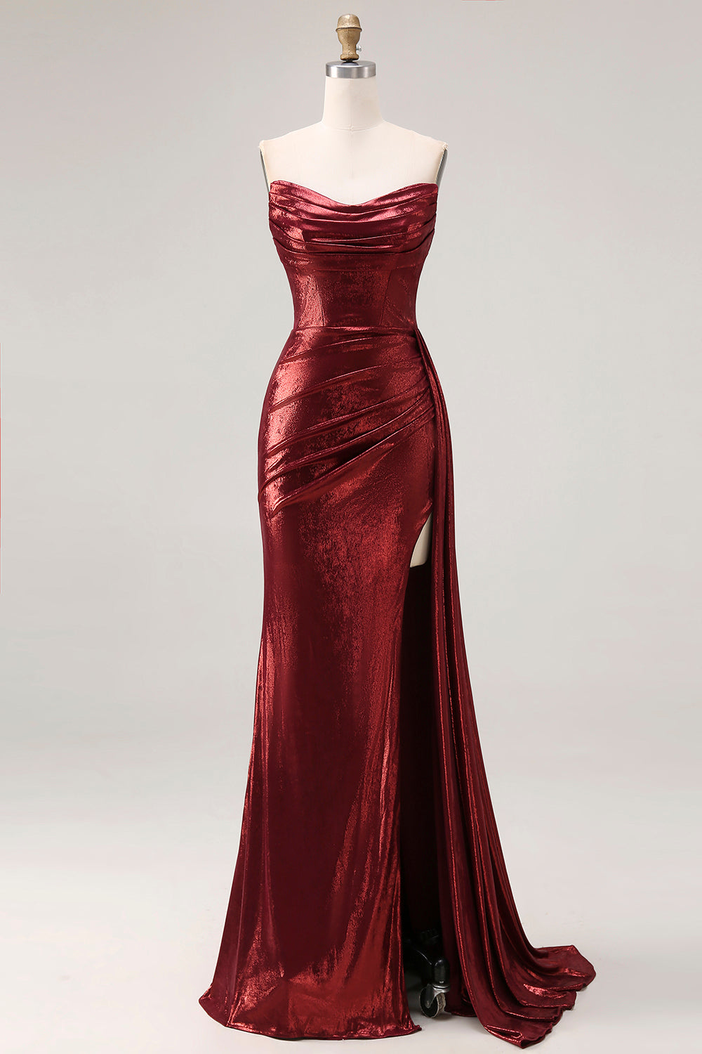 Sparkly Burgundy Metallic Strapless Mermaid Long Prom Dress with Slit