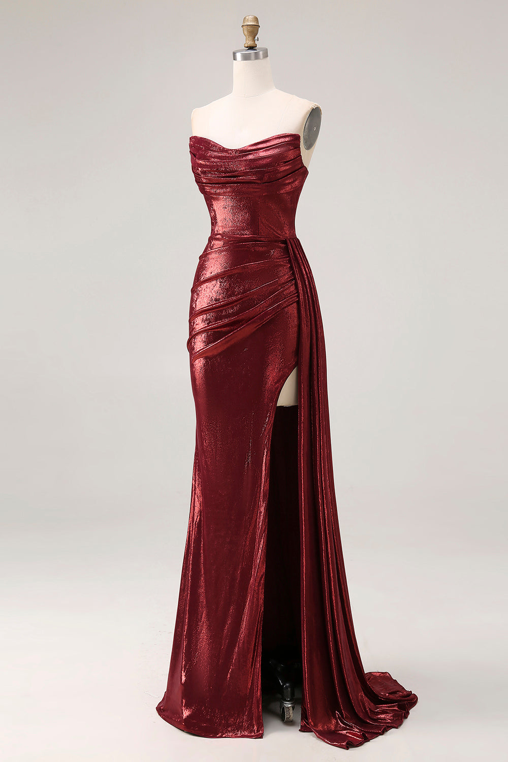 Sparkly Burgundy Metallic Strapless Mermaid Long Prom Dress with Slit