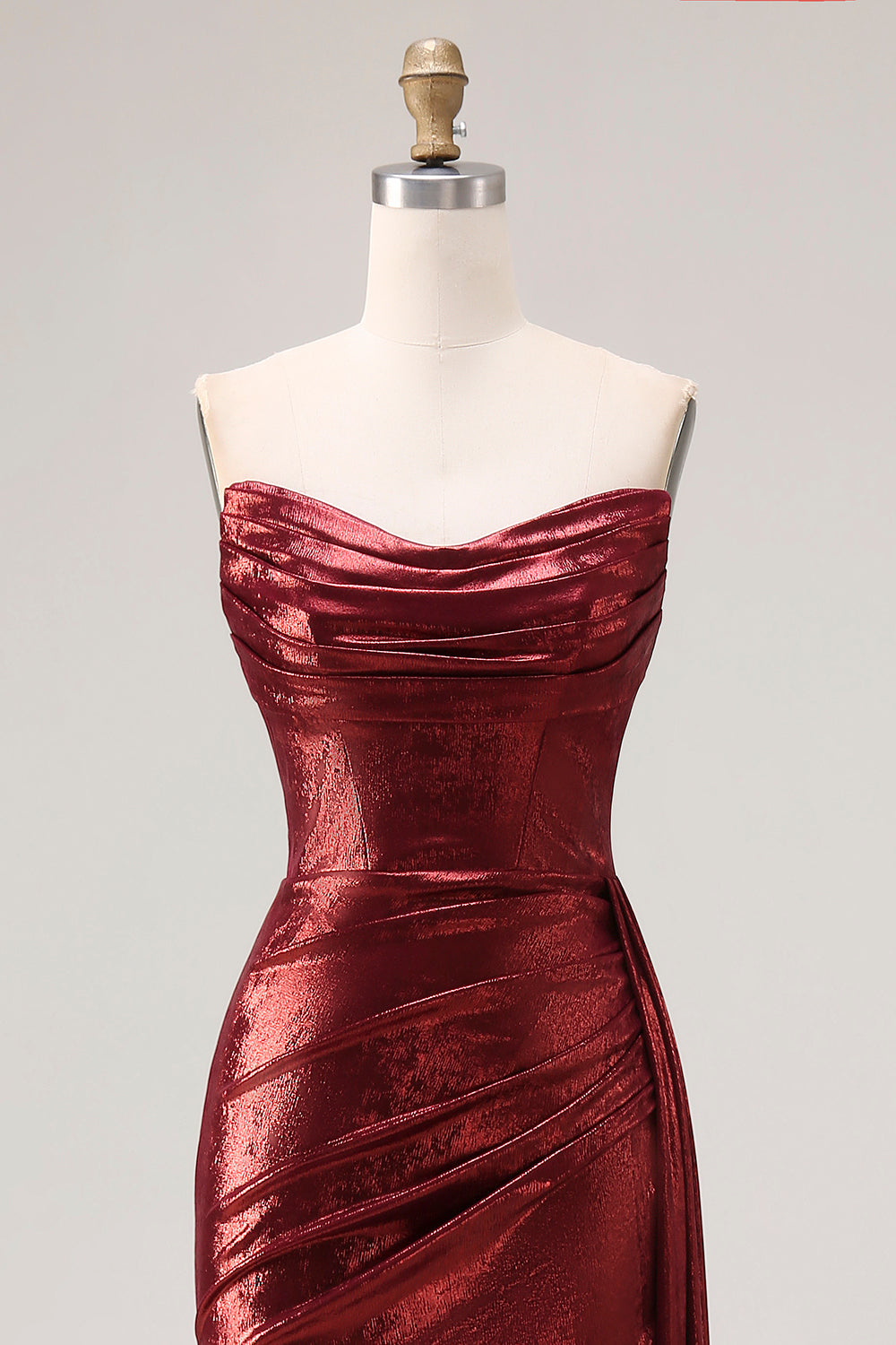 Sparkly Burgundy Metallic Strapless Mermaid Long Prom Dress with Slit