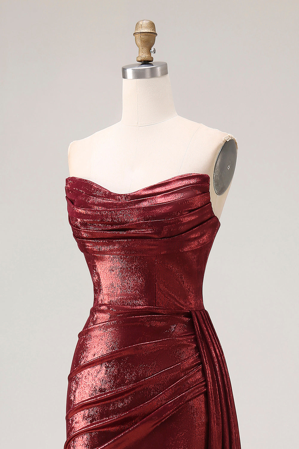 Sparkly Burgundy Metallic Strapless Mermaid Long Prom Dress with Slit