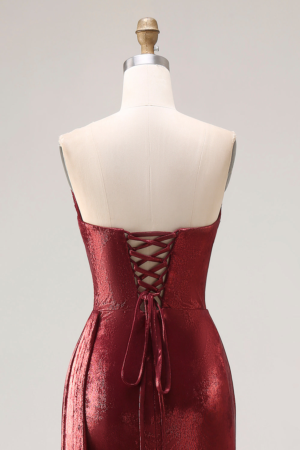 Sparkly Burgundy Metallic Strapless Mermaid Long Prom Dress with Slit