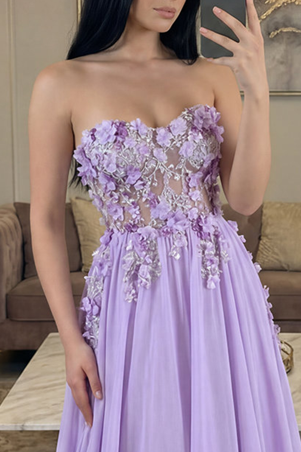 Sparkly Lilac Floral Beaded Strapless A Line Corset Long Prom Dress