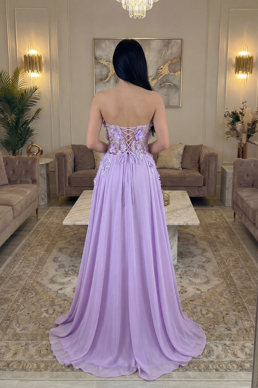Sparkly Lilac Floral Beaded Strapless A Line Corset Long Prom Dress