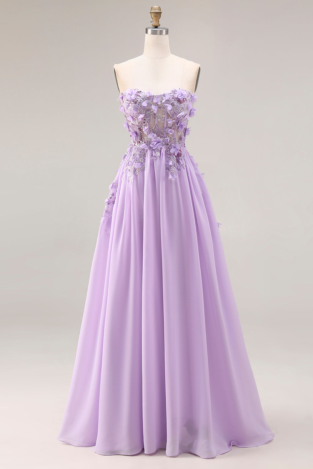 Sparkly Lilac Floral Beaded Strapless A Line Corset Long Prom Dress