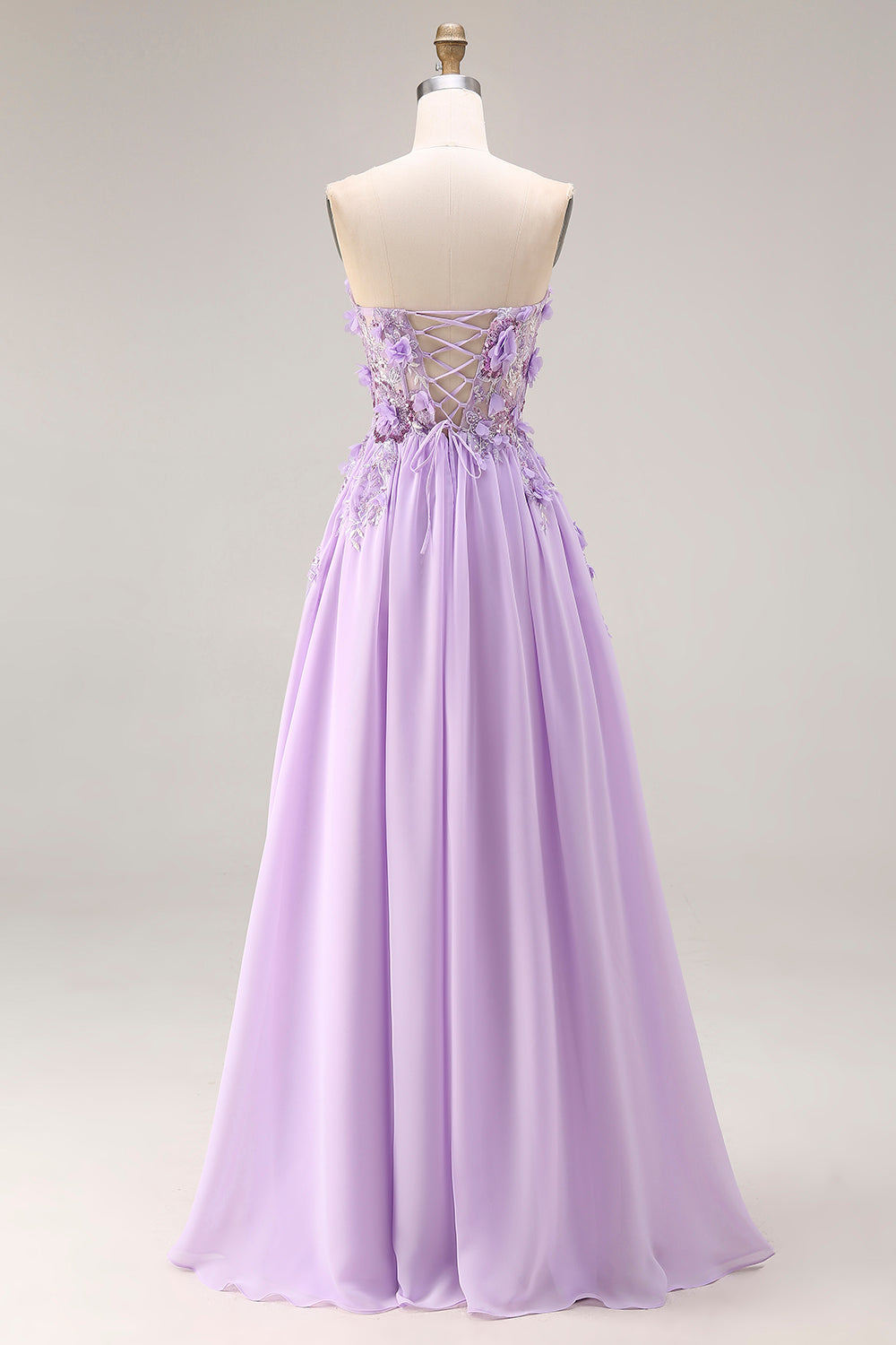 Sparkly Lilac Floral Beaded Strapless A Line Corset Long Prom Dress