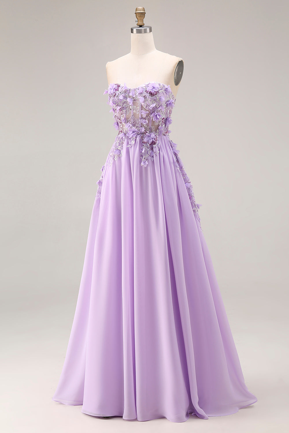 Sparkly Lilac Floral Beaded Strapless A Line Corset Long Prom Dress