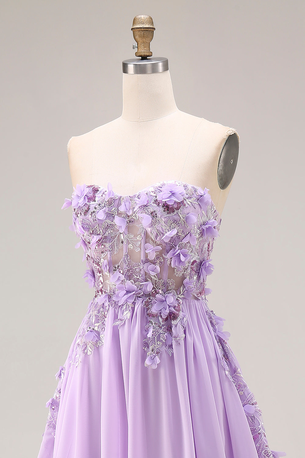 Sparkly Lilac Floral Beaded Strapless A Line Corset Long Prom Dress