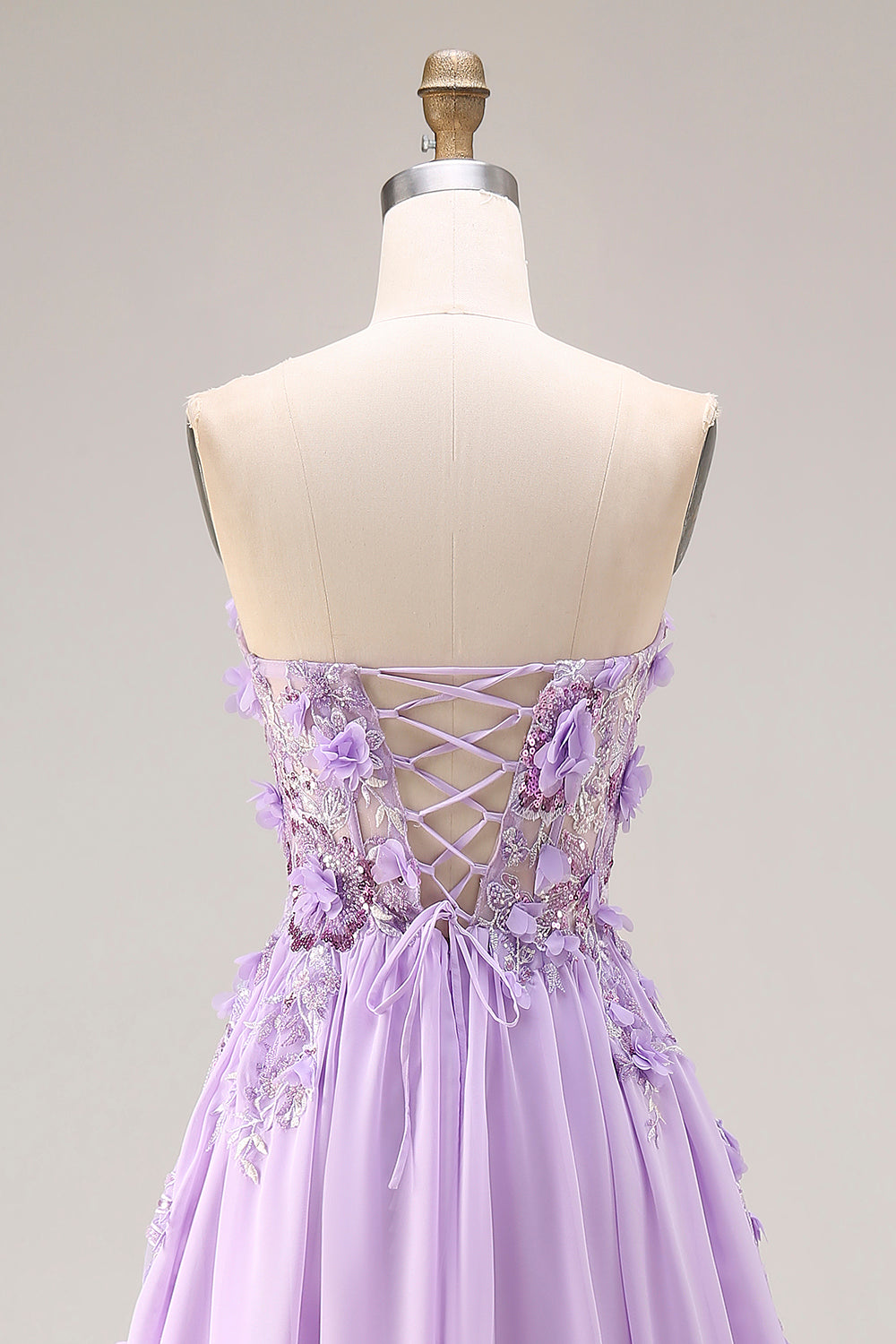 Sparkly Lilac Floral Beaded Strapless A Line Corset Long Prom Dress
