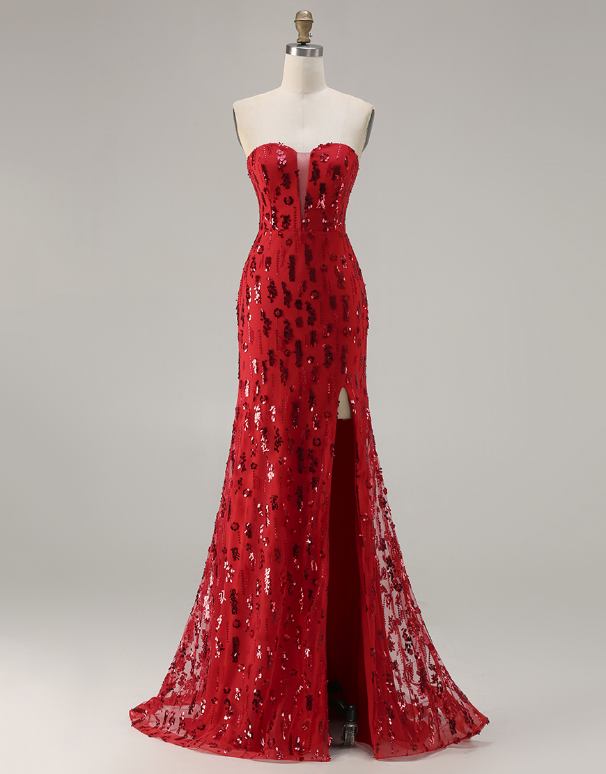 Sparkly Red Sequin Strapless Mermaid Long Prom Dress with Slit