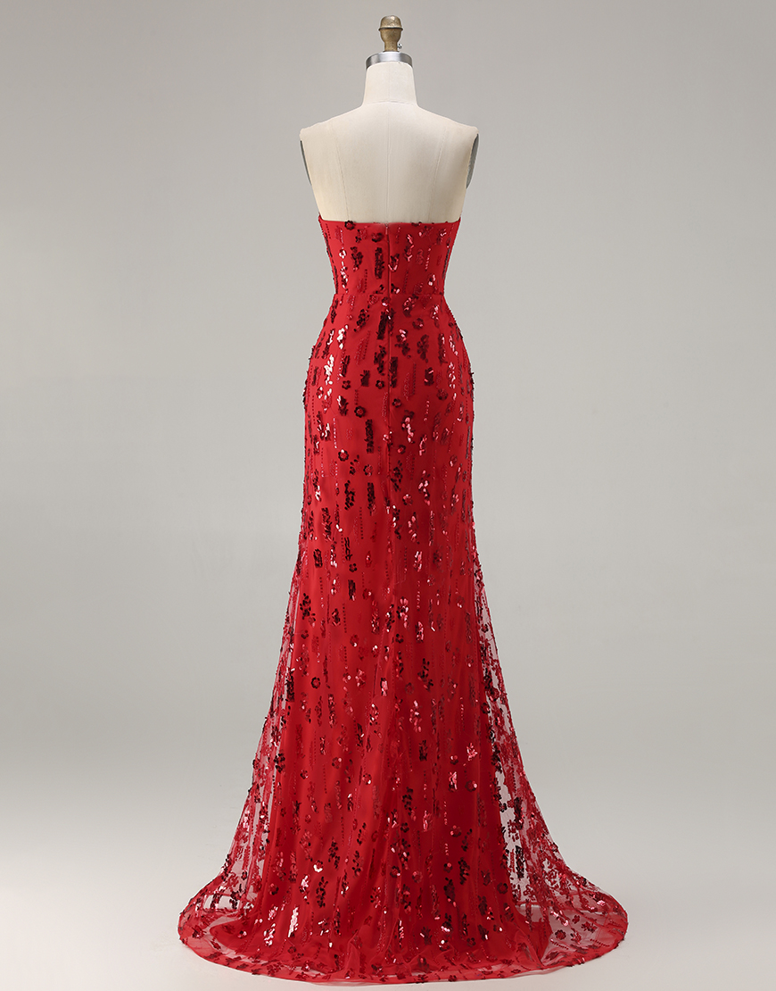 Sparkly Red Sequin Strapless Mermaid Long Prom Dress with Slit