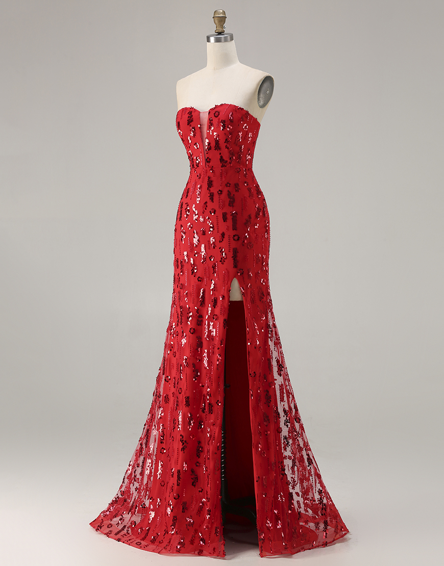 Sparkly Red Sequin Strapless Mermaid Long Prom Dress with Slit