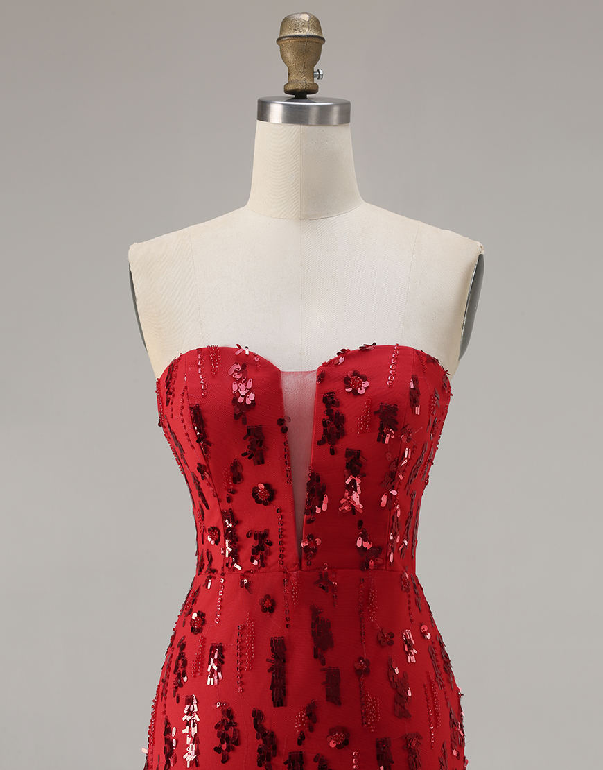 Sparkly Red Sequin Strapless Mermaid Long Prom Dress with Slit