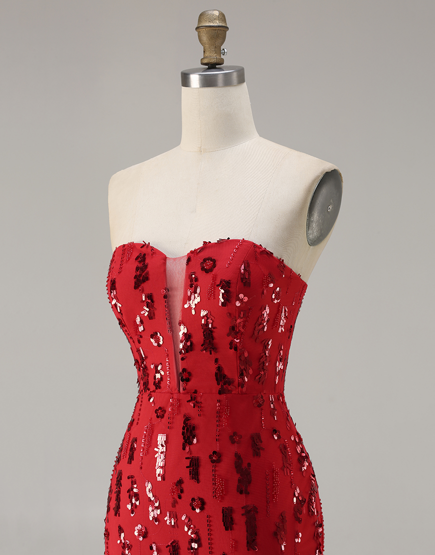 Sparkly Red Sequin Strapless Mermaid Long Prom Dress with Slit