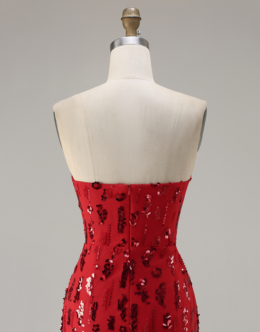 Sparkly Red Sequin Strapless Mermaid Long Prom Dress with Slit