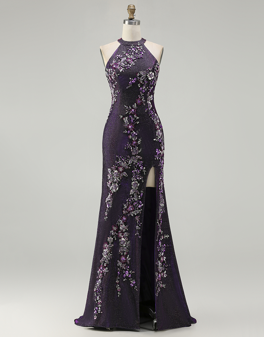 Sparkly Grape Floral Beaded Mermaid Long Prom Dress with Slit