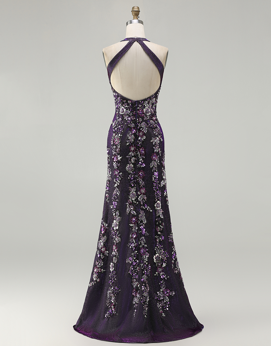 Sparkly Grape Floral Beaded Mermaid Long Prom Dress with Slit