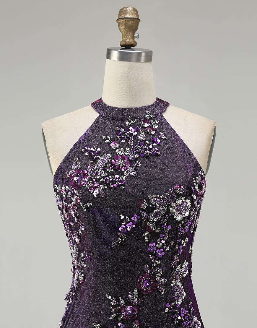 Sparkly Grape Floral Beaded Mermaid Long Prom Dress with Slit