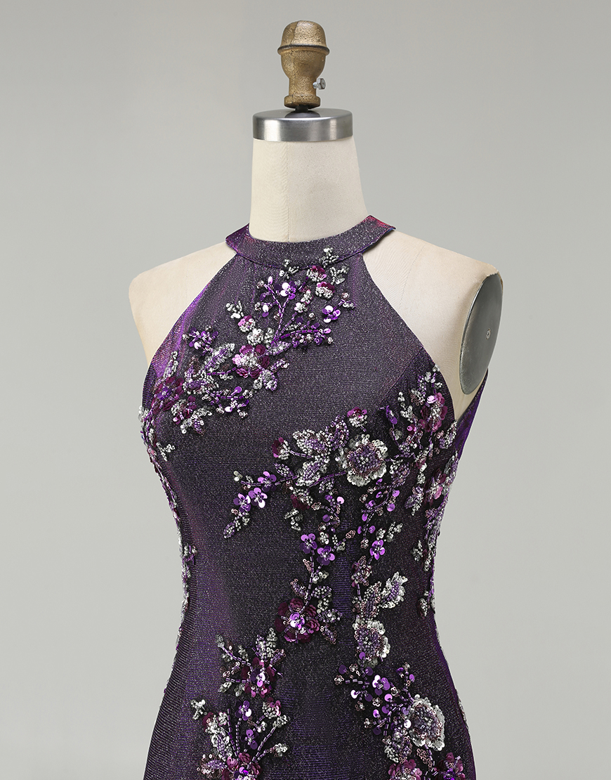 Sparkly Grape Floral Beaded Mermaid Long Prom Dress with Slit