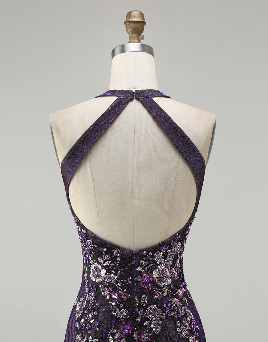 Sparkly Grape Floral Beaded Mermaid Long Prom Dress with Slit