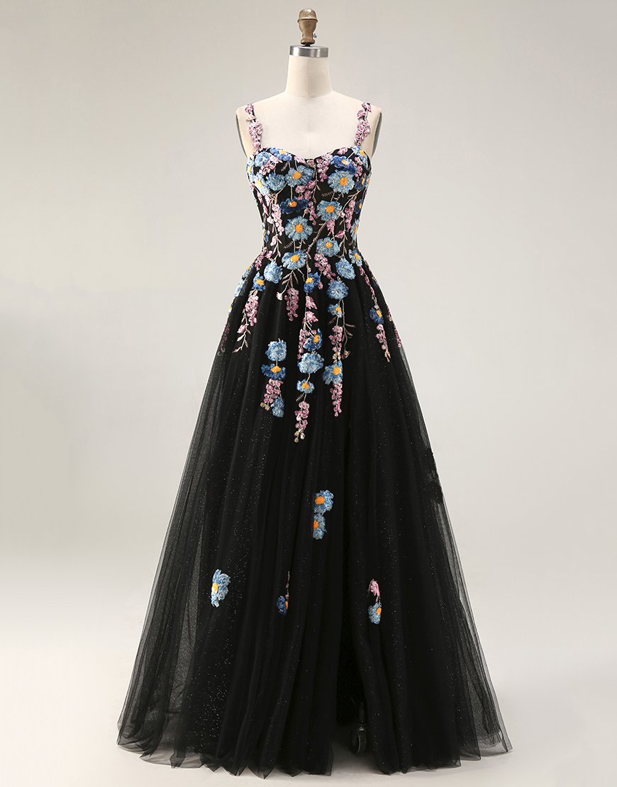 Black A Line Spaghetti Straps Floral Tulle Long Prom Dress with Embroidery