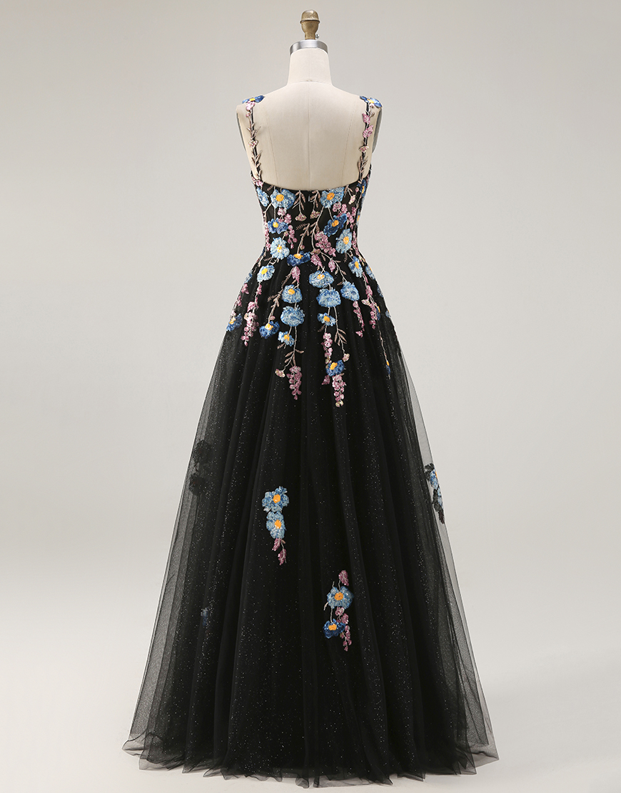 Black A Line Spaghetti Straps Floral Tulle Long Prom Dress with Embroidery