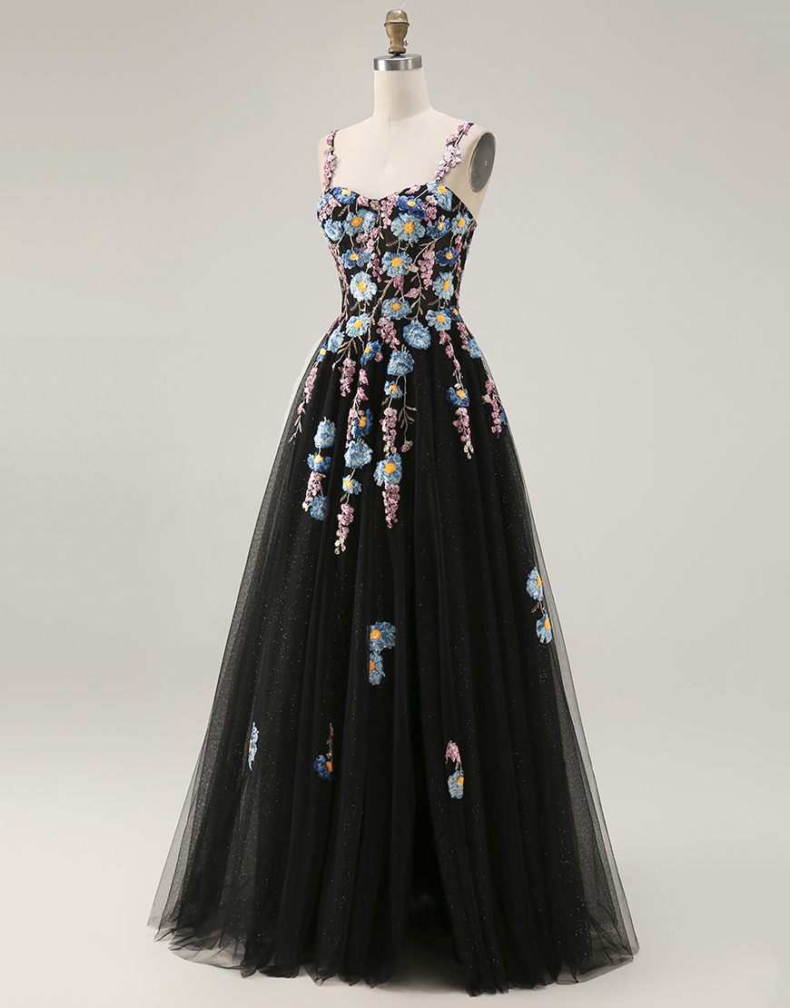 Black A Line Spaghetti Straps Floral Tulle Long Prom Dress with Embroidery