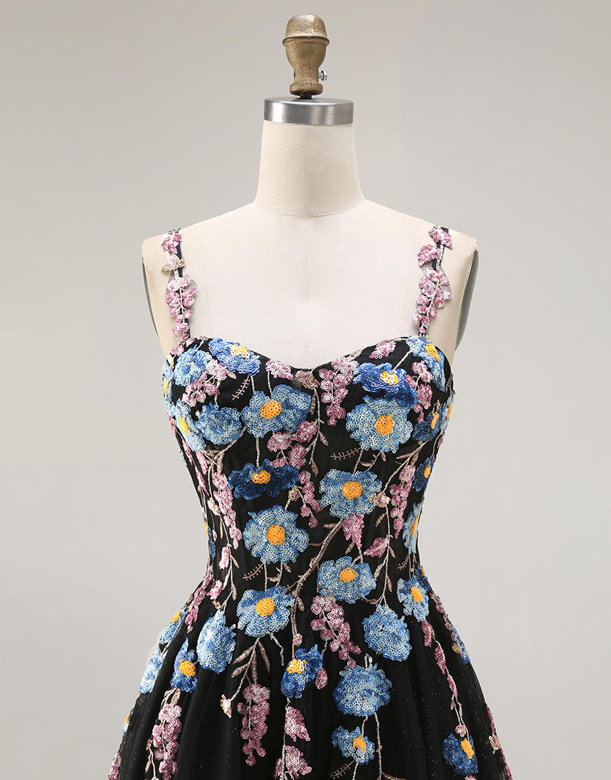 Black A Line Spaghetti Straps Floral Tulle Long Prom Dress with Embroidery