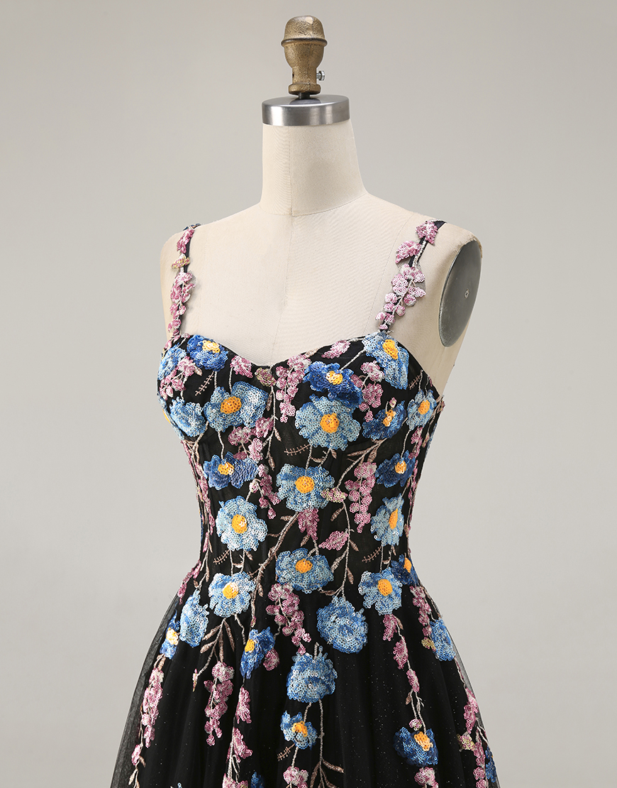 Black A Line Spaghetti Straps Floral Tulle Long Prom Dress with Embroidery