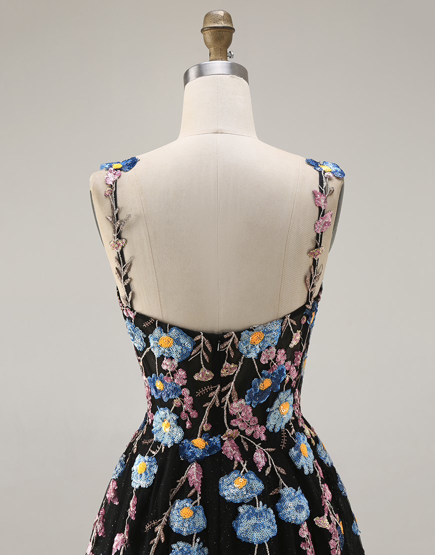 Black A Line Spaghetti Straps Floral Tulle Long Prom Dress with Embroidery